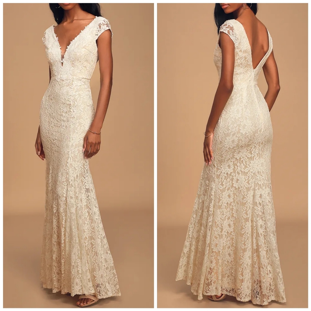 Lulu's Icing On The Cake White V Neck Lace Floral Mermaid Maxi Wedding Dress